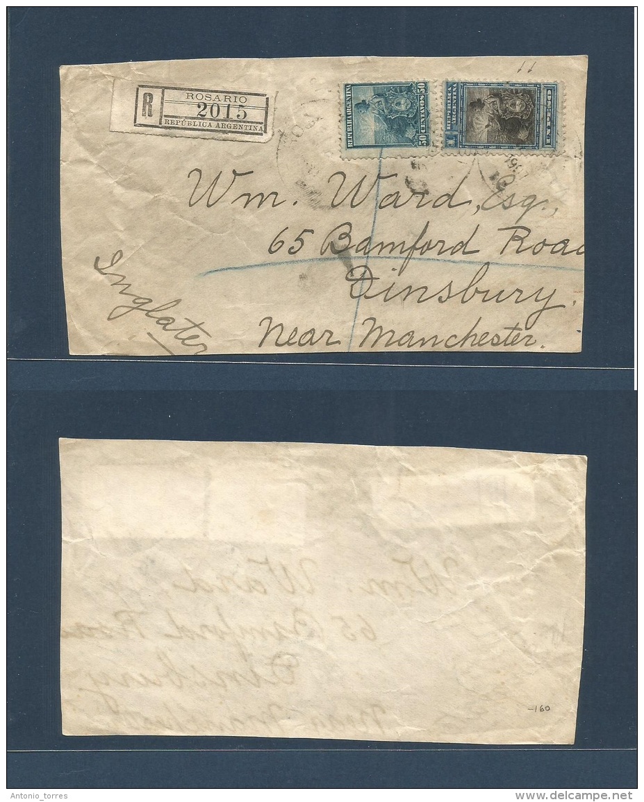 Argentina. 1907. Rosario - UK, Dinsbury Registered Cover Front Bearing 50c Green + 1 Peso Stamps, Tied Cds. Very Fine An - Altri & Non Classificati