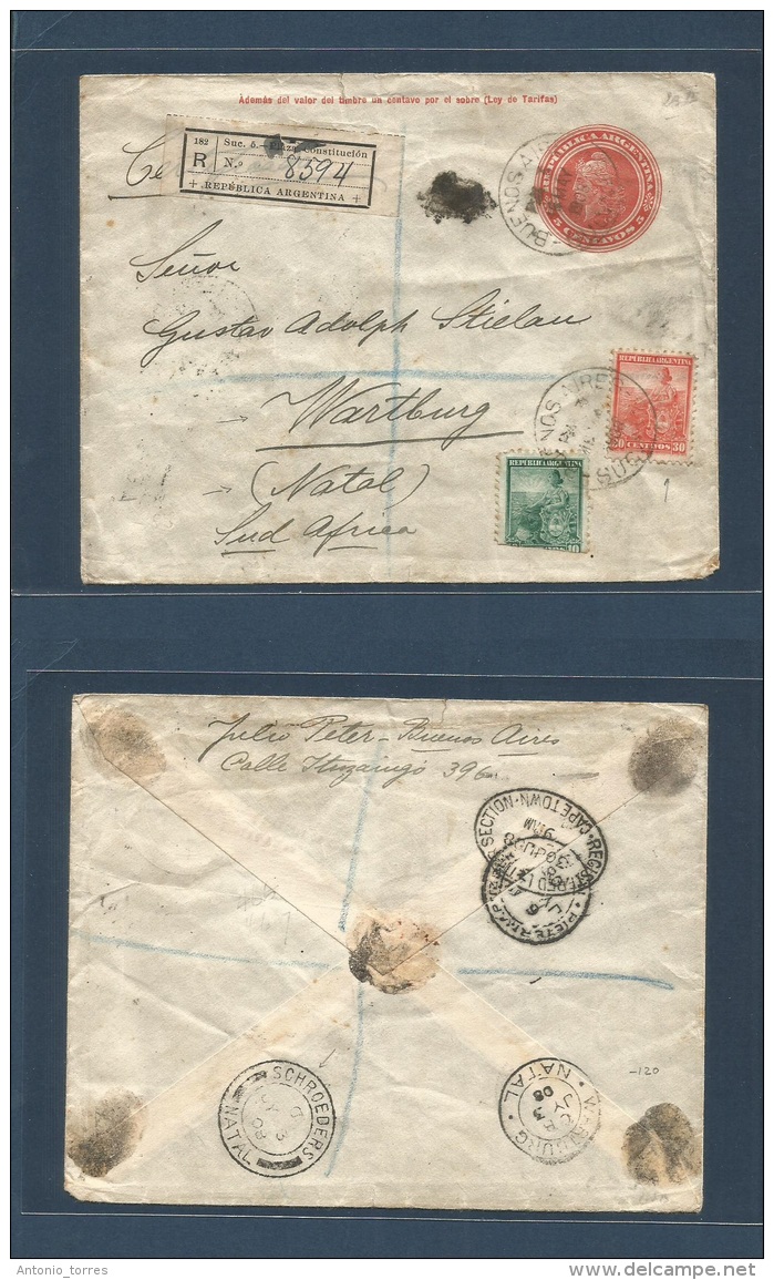 Argentina - Stationery. 1908 (18 May) Buenos Aires, Snc. 5 Constitucion - Natal, South Africa, Wartburg. Via Cape Town - - Other & Unclassified