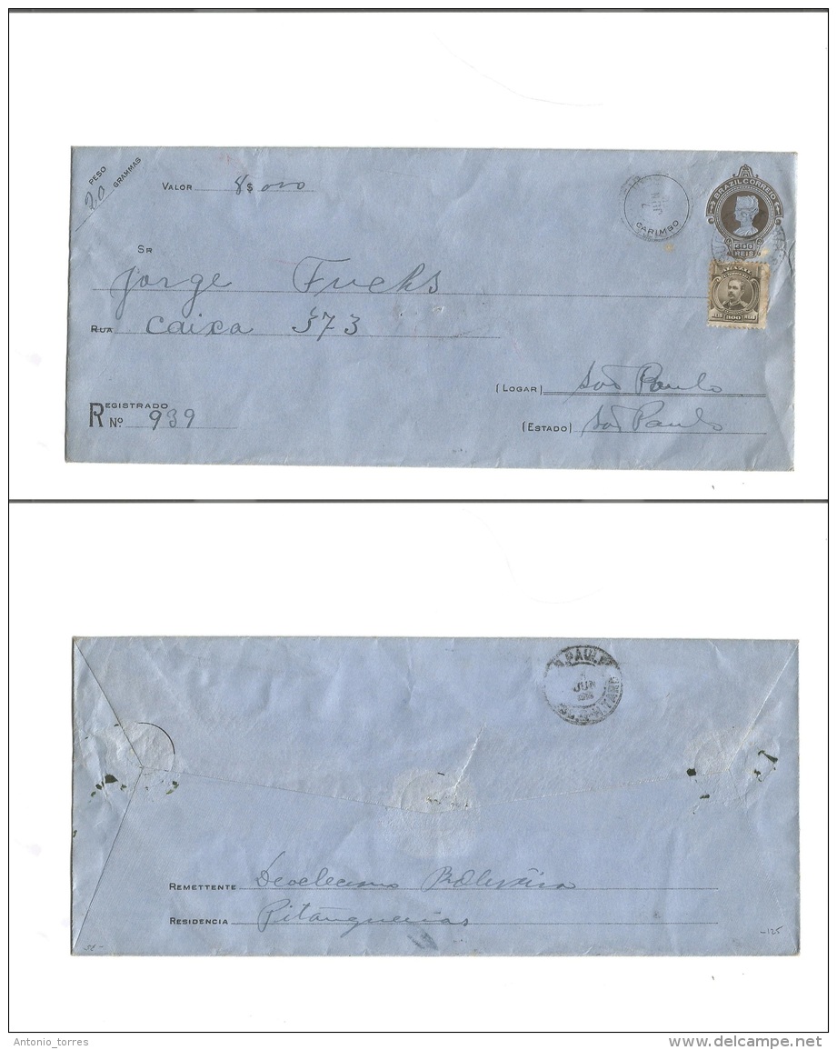 Brazil -Stationary. C. 1916 (7 June) RJ - S. Paulo. 300 Rs Brown/bluish Legal Stationary Envelope. Insured 8,000 Rs + Re - Otros & Sin Clasificación