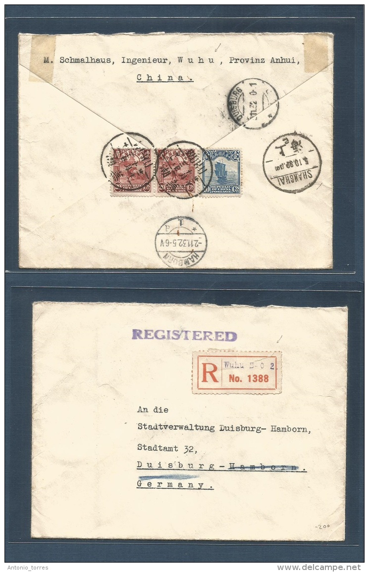 China. 1932. Wuhu, Anhui - Germany, Duisburg (2 Nov 32) Via Shanghai. Registered Reverse Multifkd Envelope. Fine.. Cover - Other & Unclassified