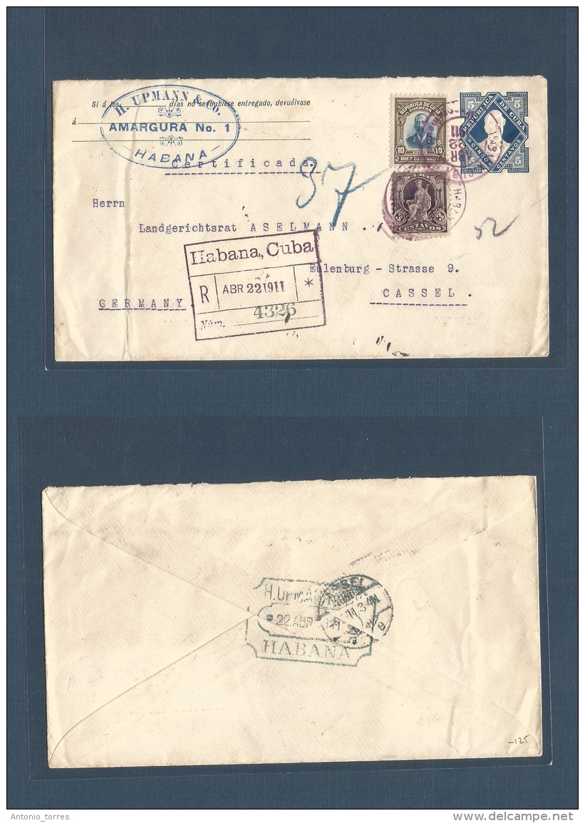 Cuba. 1911 (22 Apr) Habana - Germany, Cassel (4 May) Registered Multifkd 5c Blue Embossed Stationery Envelope Lilac Cach - Other & Unclassified