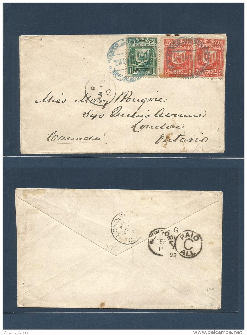 Dominican Rep. 1892 (23 Ene) Santo Domingo - Canada, London, ONT (Feb 13) Via NYC (11 Febr) Registered Multifkd Envelope - República Dominicana