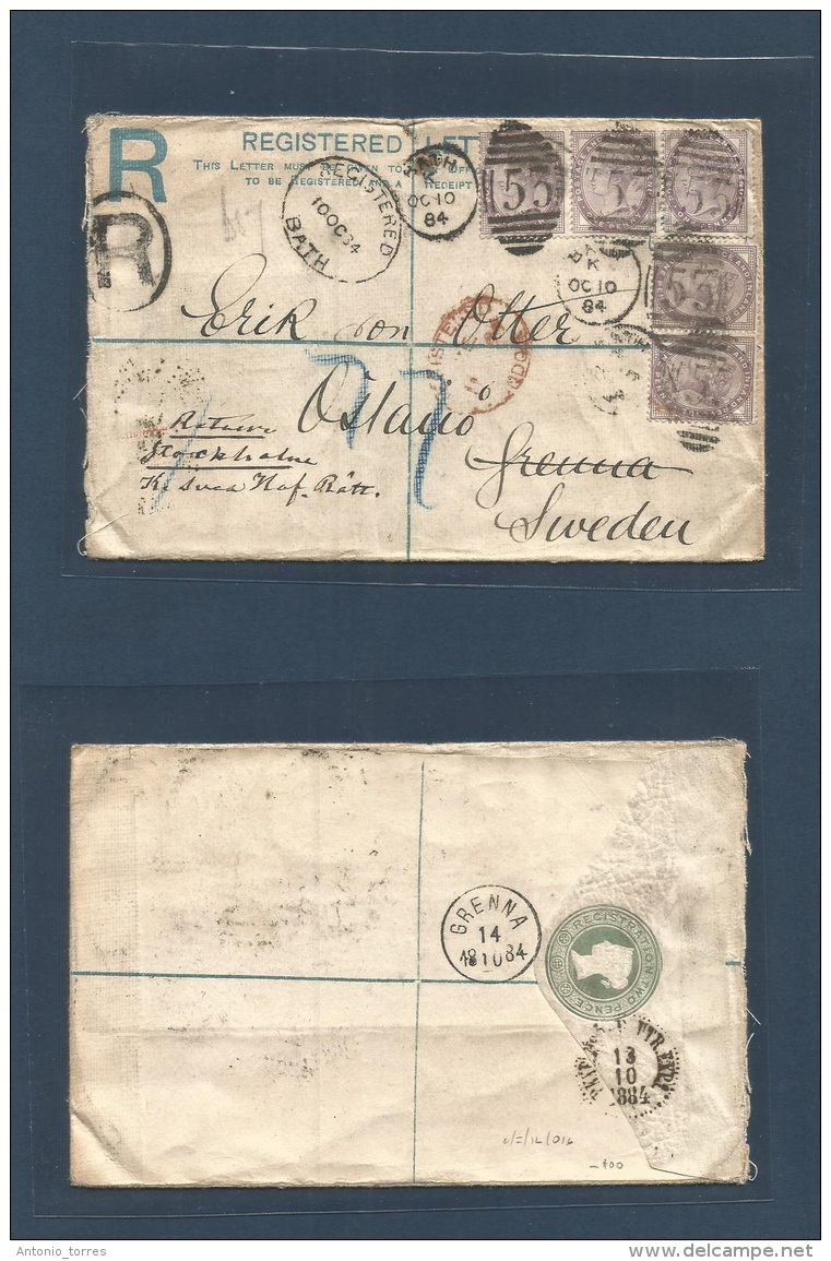Great Britain - Stationery. 1884 (10 Oct) Bath - Sweden, Grenna (14 Oct) Registered 2d Stat Envelope + 5 Adtls 1d At 7d - Altri & Non Classificati