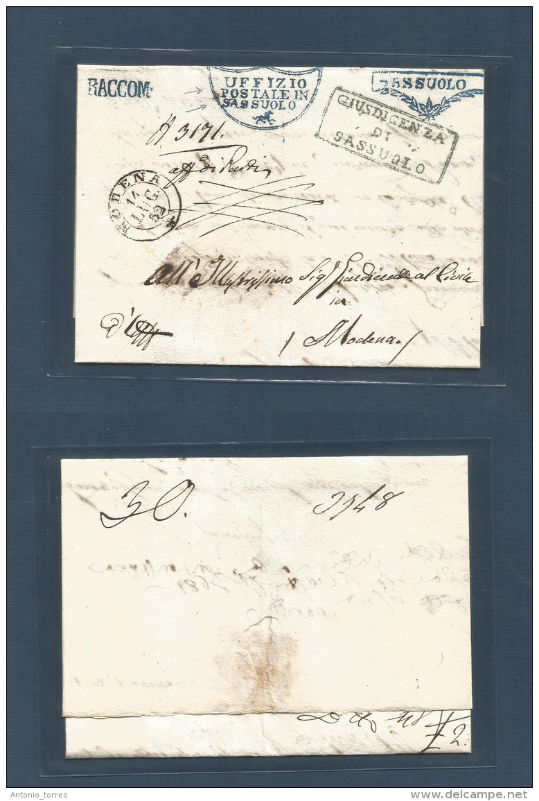 Italy - Prephilately. 1852 (9 July) Sassuolo - Modena (14 July) Registered Stampless EL With Multiple Cachets In Blue + - Non Classificati