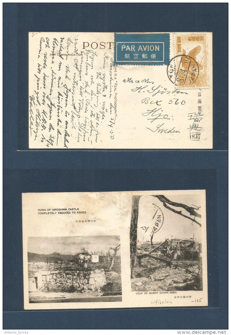 Japan. 1950 (5-8 Apr) Hiroshima - Sweden, Hjo. Air Single Fkd View Photo War Atomic Bomb Card, Fkd Single 103s Bird Yell - Otros & Sin Clasificación