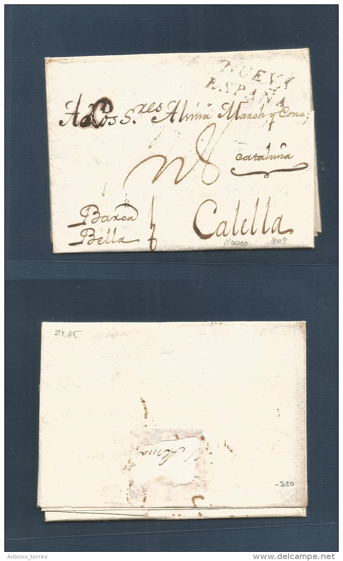 Mexico - Stampless. 1809 (27 May) Veracruz - Calella, Peninsula, Espa&ntilde;a. EL Full Text, Envelope "Barca Bella" + R - México