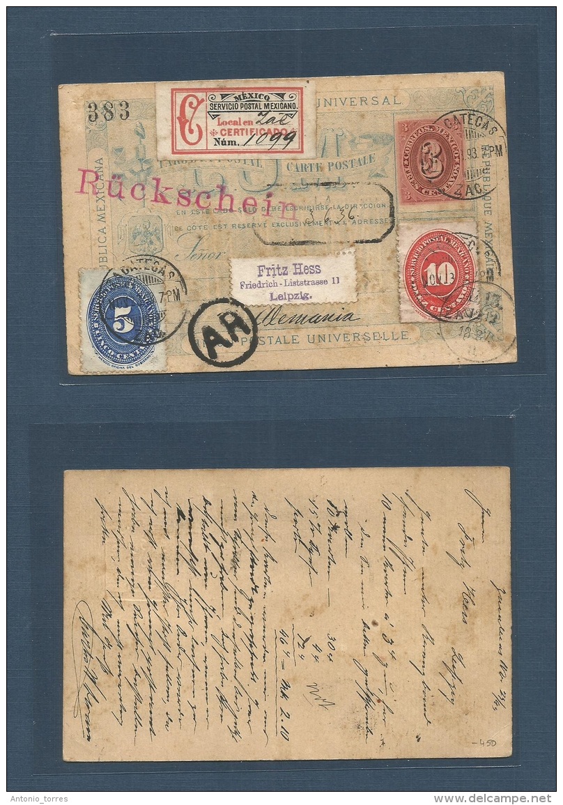 Mexico - Stationery. 1893 (Nov 23) Zacatecas - Germany, Leipzig (12 Dec) Registered AR 3c Numeral Stationery Card + 2 Ad - México