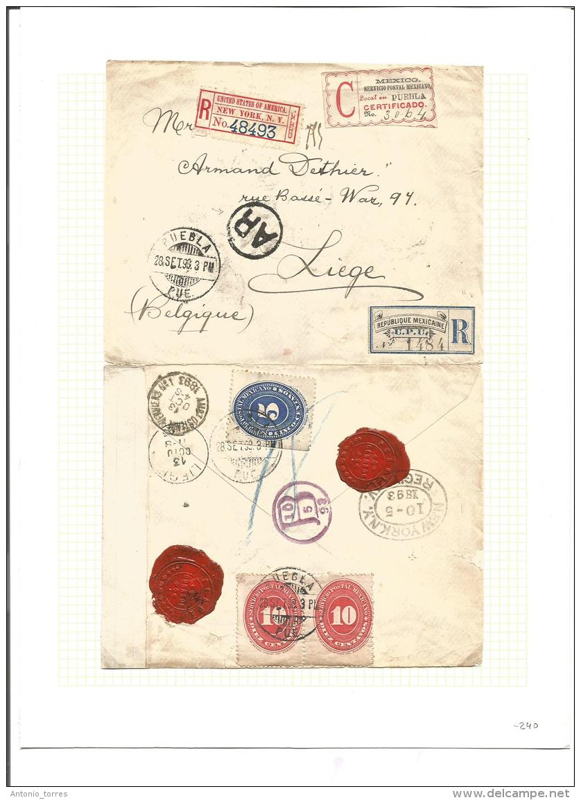 Mexico. 1893 (28 Sept) Puebla - Belgium, Liege (13 Oct) Registered AR Reverse Multifkd Envelope Numeral Medallin Issue, - México