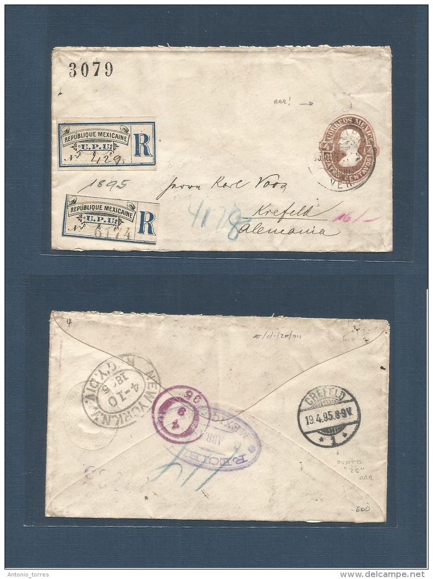 Mexico - Stationery. 1895 (3 April) DF - Germany, Krefeld (19 Apr) 25c Lilac On 4c Ovptd Issue. Via NYC (10 Apr) Extraor - México