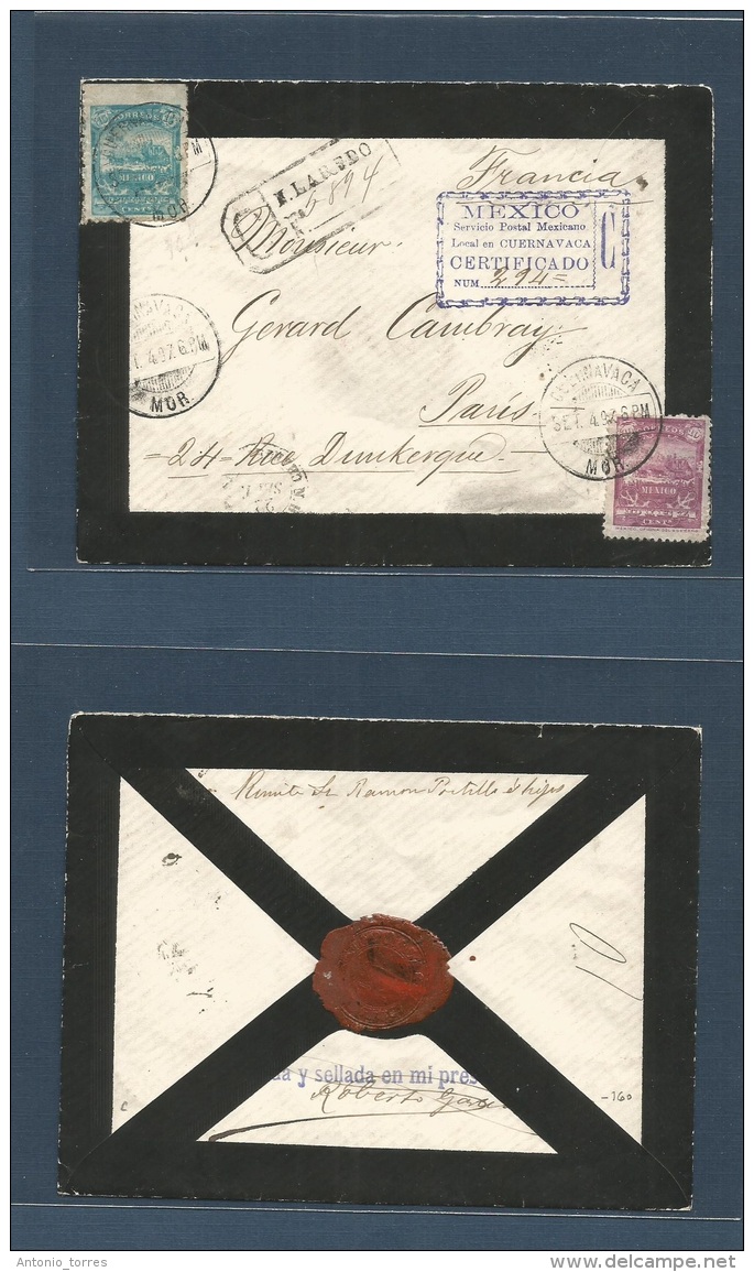Mexico. 1897 (4 Sept) Cuernavaca - France, Paris. Registered Multifkd Militar Issue Env. Fine + R-blue Cachet Depart + T - México