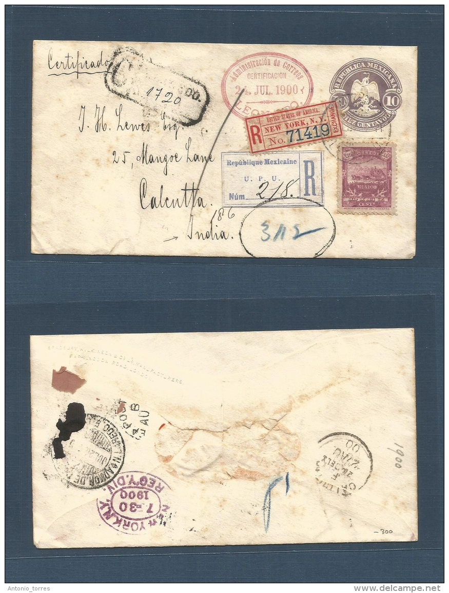 Mexico - Stationery. 1900 (24 July) Leon, Qto - India, Calcutta (22 Aug) Registered 10c Lilac + Adtl Military Stationery - México