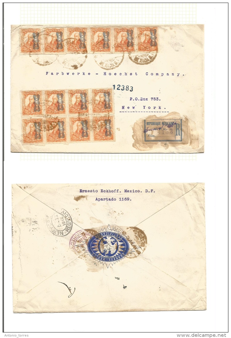 Mexico - Xx. 1916 (May) DF - USA, NYC (11 May) Ovptd Revolution Registered Multifkd Envelope 5c Orange (x14). Fine + Unu - México