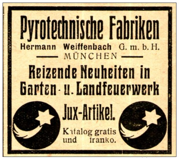 Original-Werbung/ Anzeige 1910 - PYROTECHNISCHE FABRIKEN WEIFFENBACH / MÜNCHEN - Ca. 45 X 40 Mm - Publicités