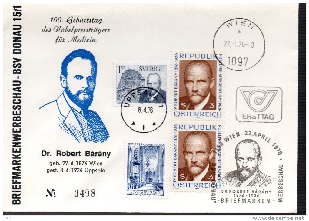 AUTRICHE    FDC    1976 Nobel Medecine Robert Barany - Medizin