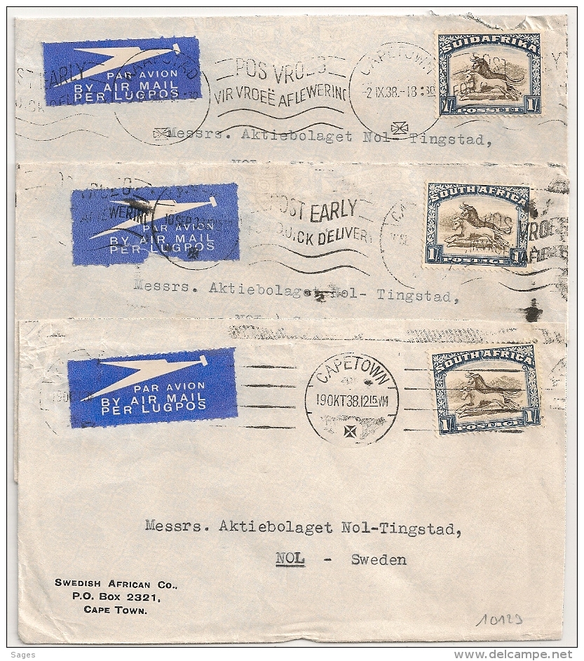 3 COVERS SOUTH AFRICA 1938. CAPETOWN TO SWEDEN. - Collections, Lots & Series