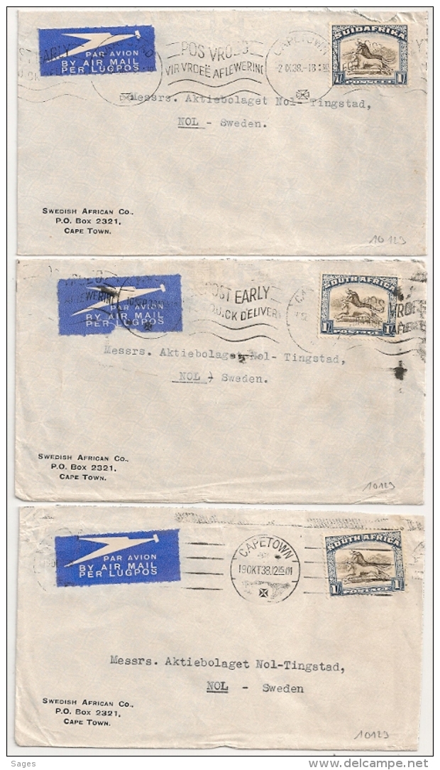 3 COVERS SOUTH AFRICA 1938. CAPETOWN TO SWEDEN. - Collections, Lots & Series