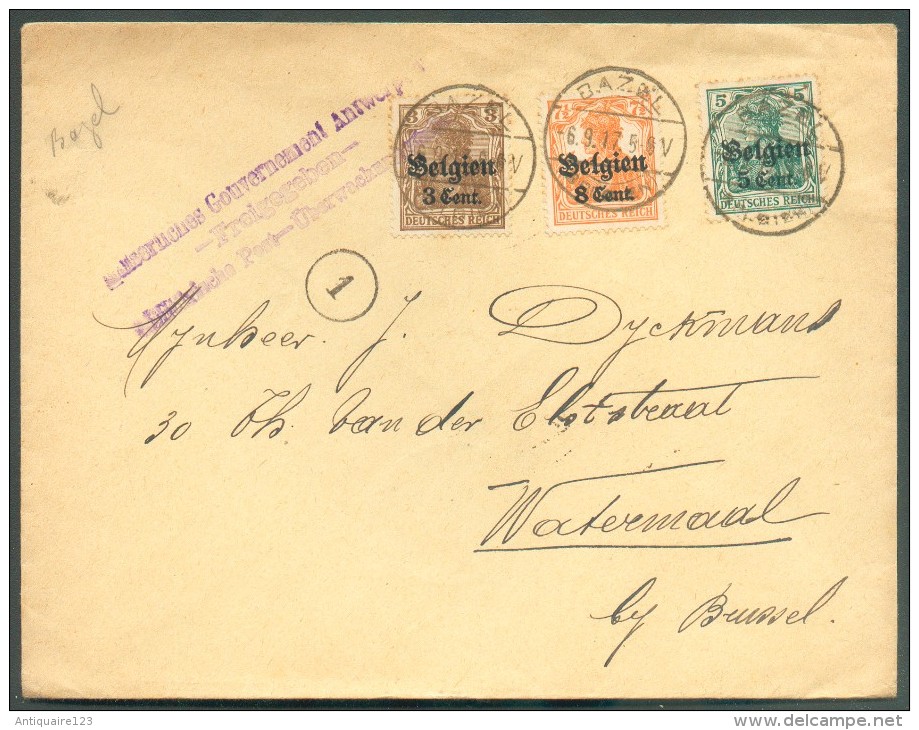 Lettre De BAZEL 1917 Vers Watermael + Censure D'Antwerpen - 11441 - OC1/25 Generalgouvernement 