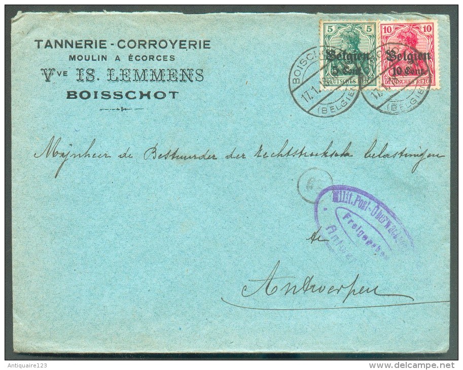 Lettre à En-tête TANNEIRE-CORROYERIE Moulin à Ecorces LEMMENS De BOISCHOOT 1918 Vers Anvers + Censure D'HASSELT - 11443 - OC1/25 Generalgouvernement 