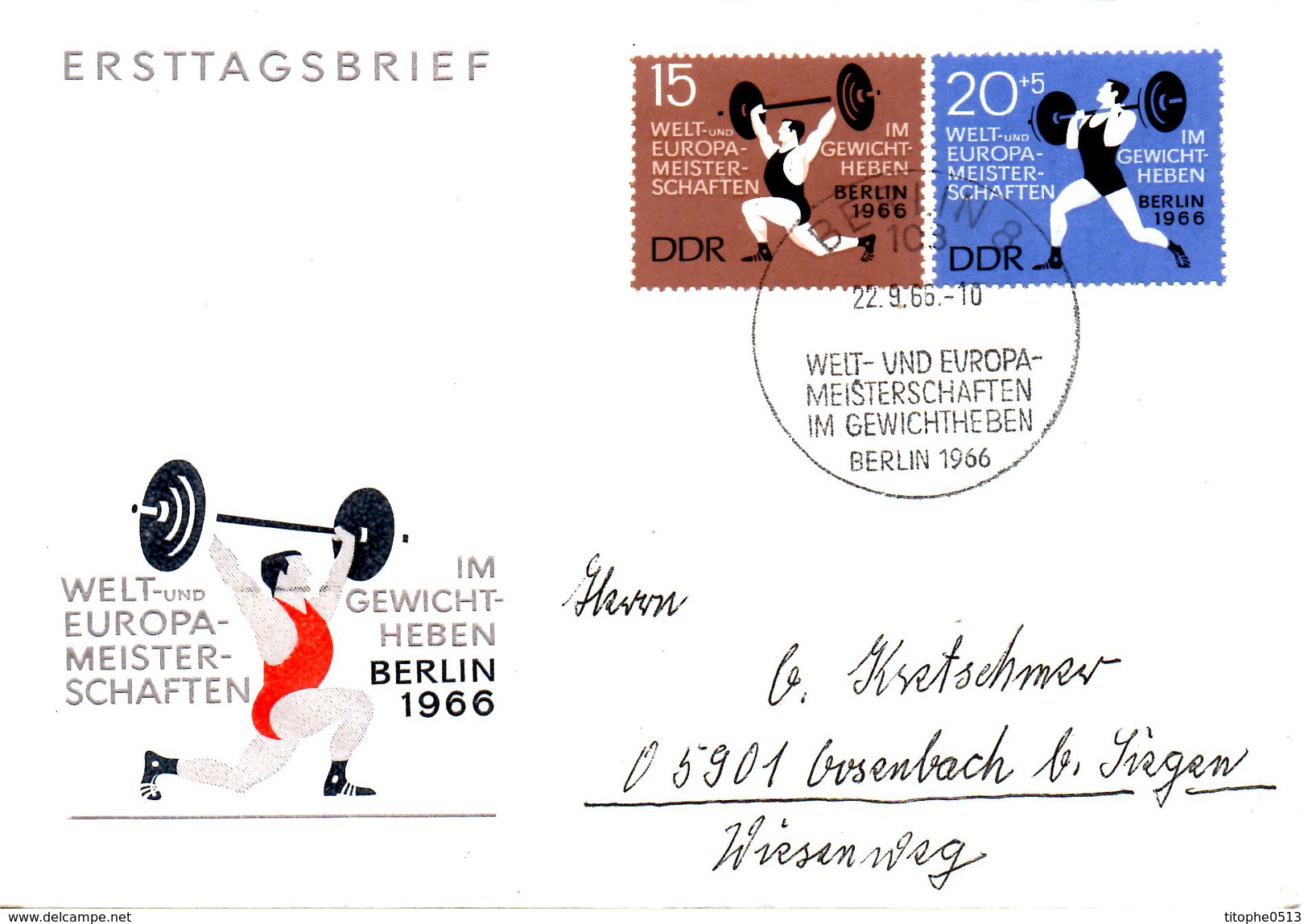 RDA. N°905-6 De 1966 Sur Enveloppe 1er Jour Ayant Circulé. Haltérophilie. - Gewichtheben