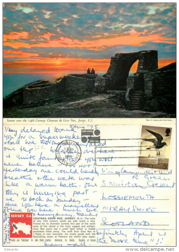 Chateau De Gros Nez, Jersey John Hinde Postcard Posted 1975 Stamp - Autres & Non Classés