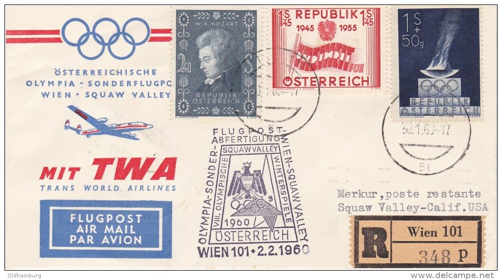 4104y: Österreich Olympia- Sonderflug Wien- Squaw Valley 2.2.1960 Mit Rs. Ankunftsstempel - Winter 1960: Squaw Valley