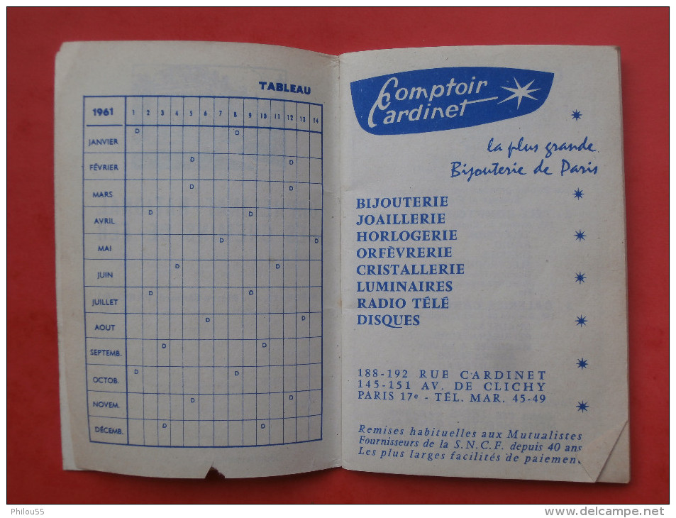 55 BELLEVILLE   1961  Petit Carnet Calendrier ORPHELINAT DES CHEMINS DE FER FRANCAIS SNCF Edmond FLAMAND - Formato Piccolo : 1961-70