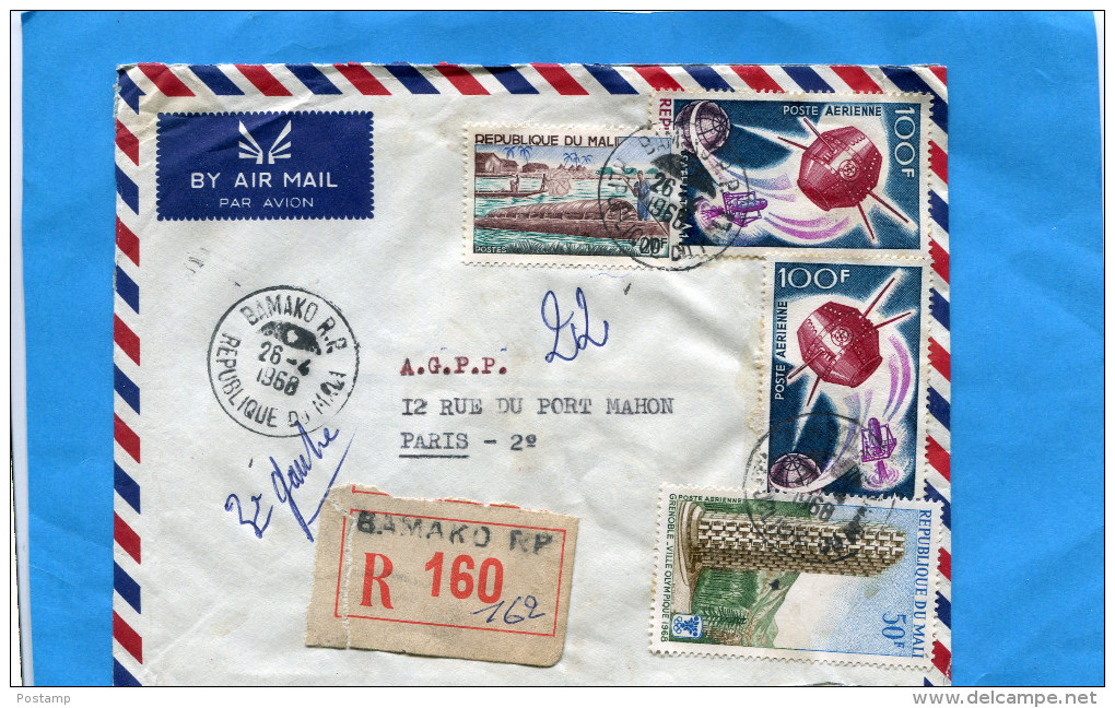 MARCOPHILIE-lettre-REC- Mali>Françe-Cad 1968-4- Stamps-N°A43 Space-satellites+a53Grenoble JO 1968 - Mali (1959-...)