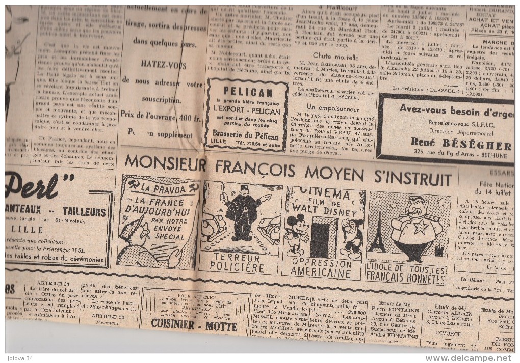 Journal LE BETHUNOIS 30/6/1951 Complet 4 Pages Format 60 X 43 Cm - Bon état Avec Bande Envoi - 1950 - Nu