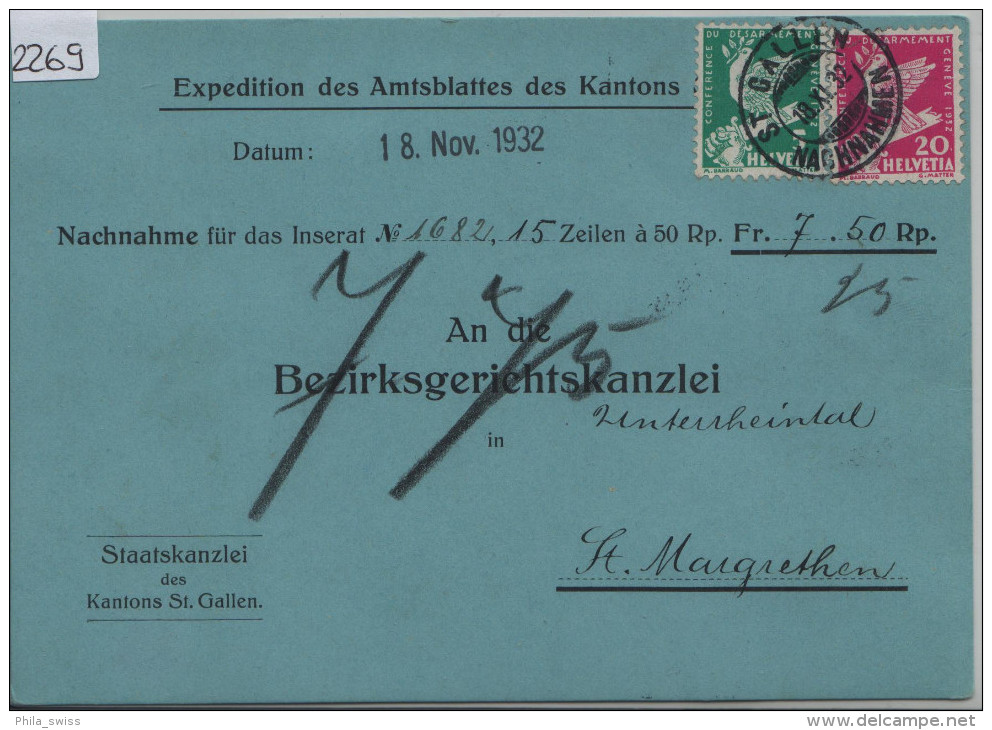 1932 Abrüstungskonferenz 185/250 187/252 Nachnahme Nach St. Margrethen ( Amtsblattes Des Kt. St. Gallen) - Briefe U. Dokumente