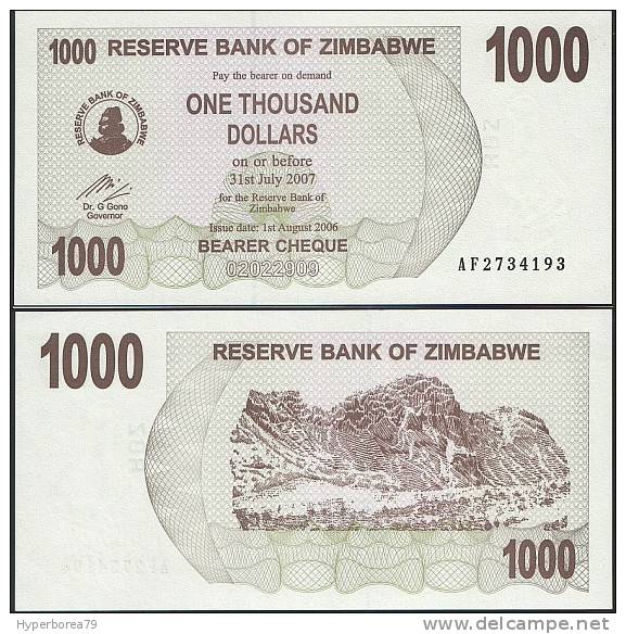 Zimbabwe P 44 - 1000 1.000 Dollars 1.8.2006 BEARER CHEQUE - UNC - Simbabwe