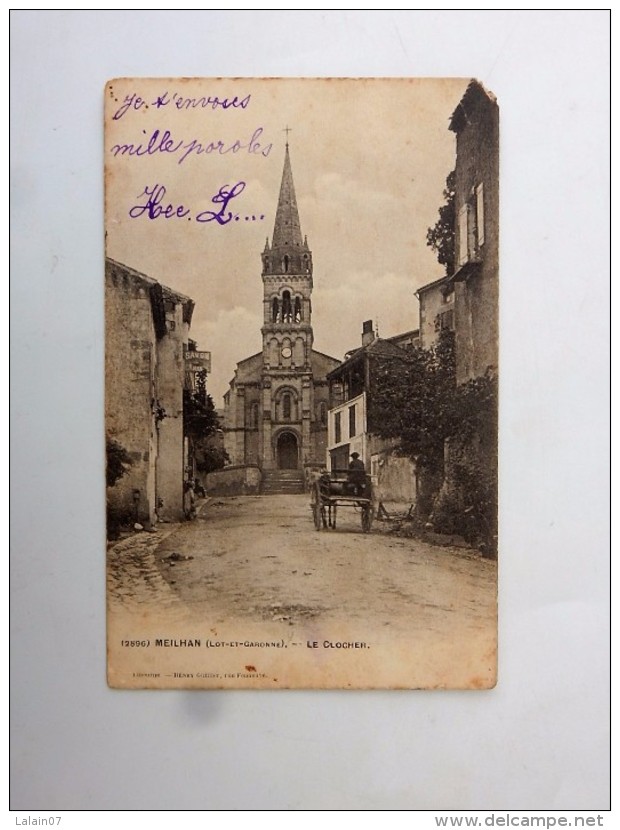 Carte Postale Ancienne : MEILHAN : Le Clocher, Animé, Attelage, En 1905 - Meilhan Sur Garonne