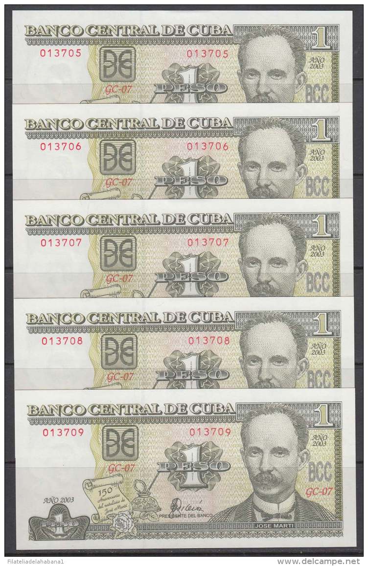 2003-BK-110  CUBA 2003. 1$. BANCO NACIONAL. JOSE MARTI. UNC. 5 CONSECUTIVOS. - Cuba