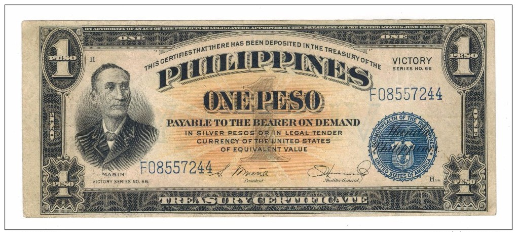 Philippines, 1 Peso Victory, 1944, XF . Free Ship. To USA - Philippines