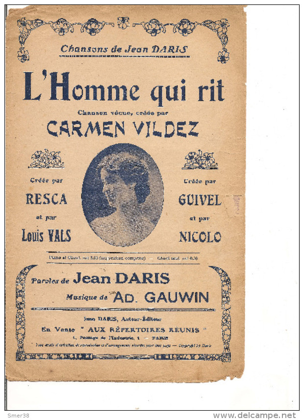 PARTITION CARMEN VILDEZ L'HOMME QUI RIT Crée Par RESCA GUIVEL  Paroles: JEAN DARIS GAUWIN - Autres & Non Classés