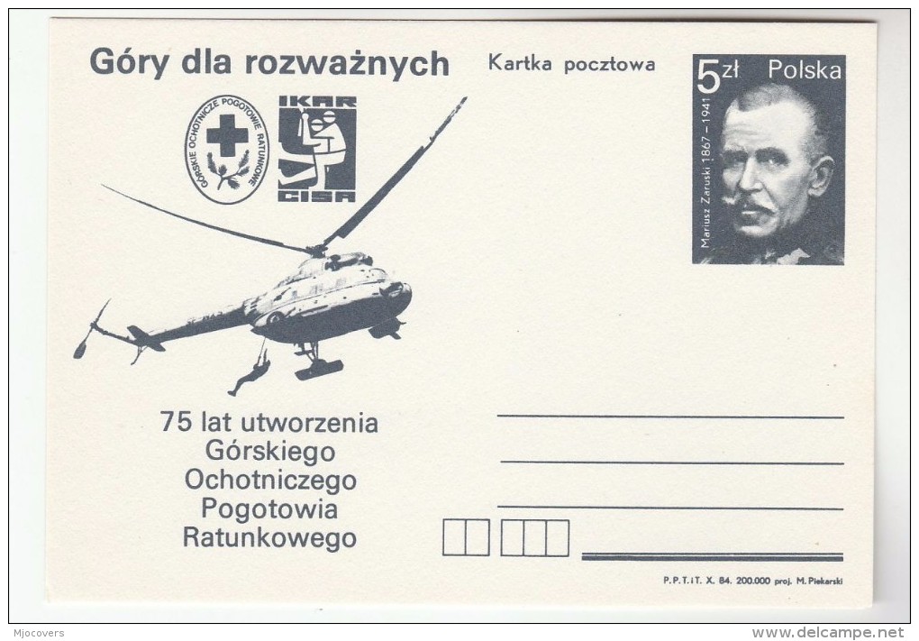 1984 POLAND HELICOPTER  MOUNTAIN RESCUE SERVICE 75th ANIV Postal STATIONERY Card Cover Aviation Red Cross Stamps Flight - Helicopters