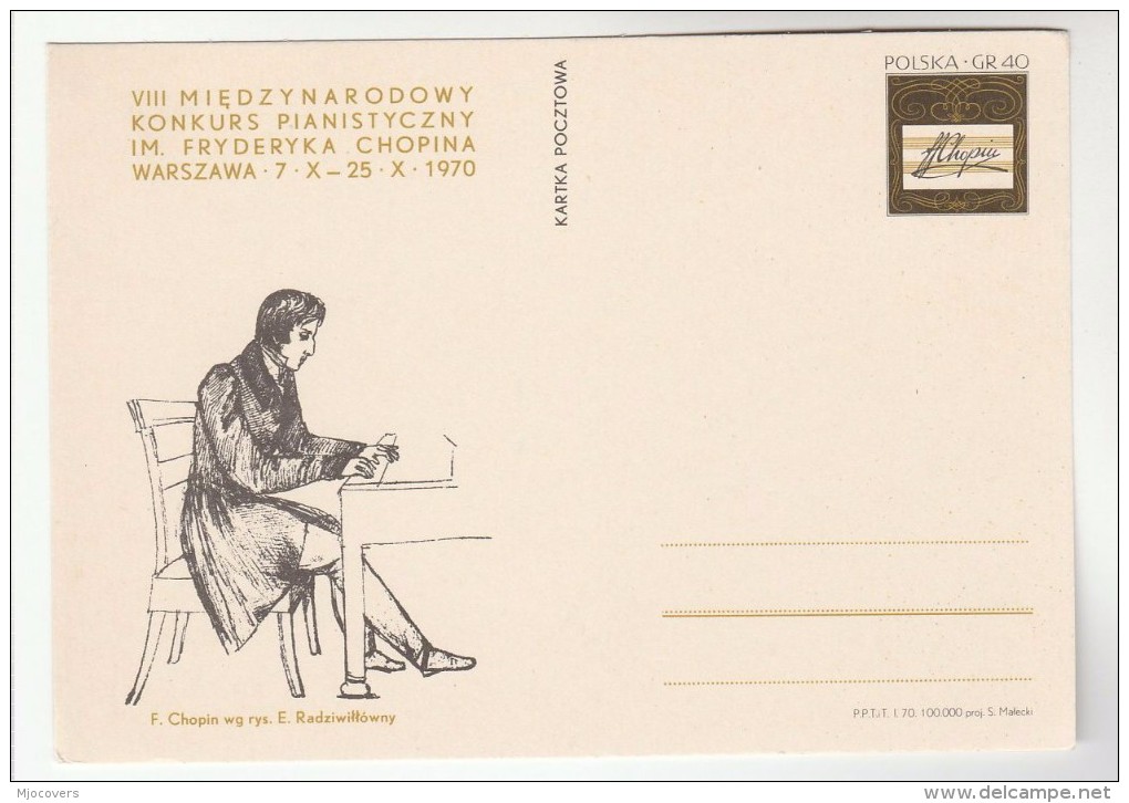 1970 POLAND Postal STATIONERY Card Illus CHOPIN Music INTERNATIONAL PIANO COMPETITION EVENT Cover Stamps Music Theatre - Music