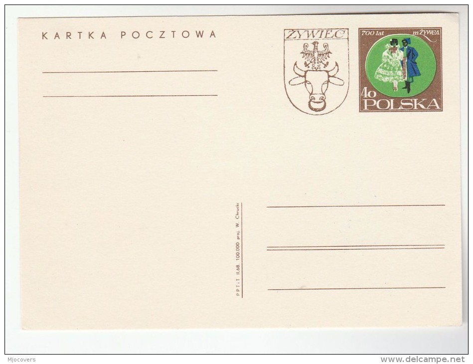 1968 POLAND Postal STATIONERY Card ZYWIEC 70th ANNIV  Stamps Cover Bull Cow Cattle Costume - Stamped Stationery