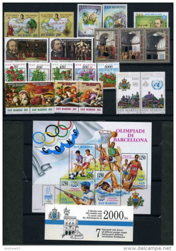 SAN MARINO - 1992 - Annata Completa - 21 Valori + 1 BF + 1 Libretto - Year Complete ** MNH/VF - Annate Complete