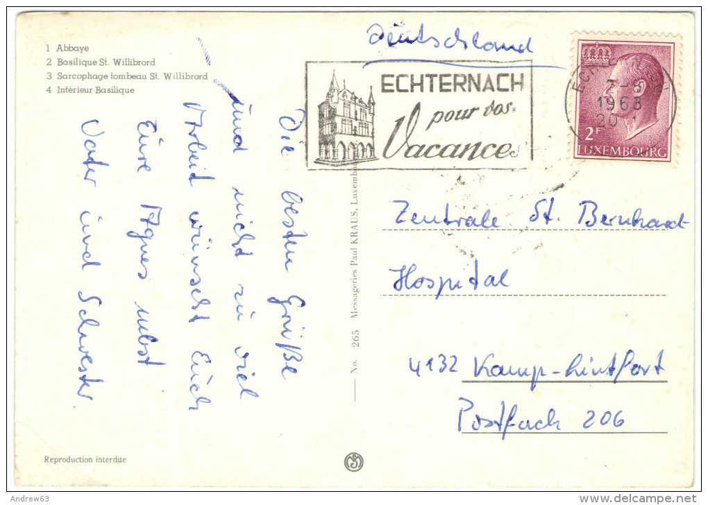 LUSSEMBURGO - LUXEMBOURG - 1968 - 2F + Flamme Echternach Pour Vos Vacances - Abbaye Et Basilique - Multivues - Viaggi... - Echternach