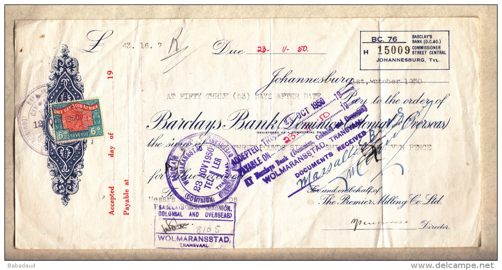 S.Africa: 1950 Premier Milling Co , Barclays Bank, 1948 6d Revenue Stamp With Language Error - Cheques & Traveler's Cheques