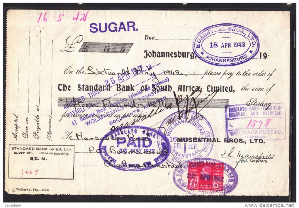 S.Africa: 1942, Mosenthal Bros., Standard Bank,  6d Revenue Stamp - Cheques & Traveler's Cheques