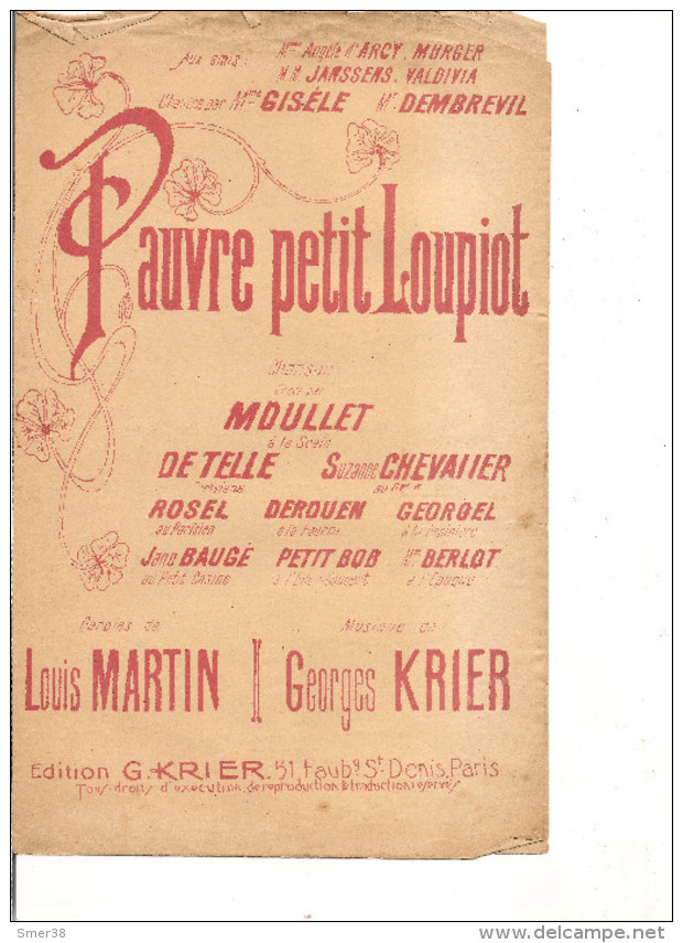 Partition- Pauvre Petit Loupiot -- Paroles: Louis Martin -- Musique: Georges Krier - - Autres & Non Classés