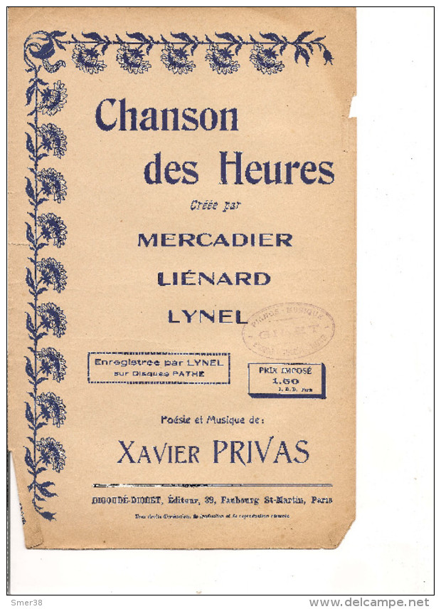 Partition -Chanson Des Heures -- Paroles: Xavier Privas -- Musique: Xavier Privas - - Autres & Non Classés