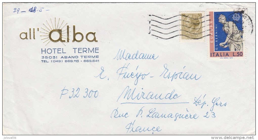 Italie  Lettre Entête All ALBA Hôtel Terme ALBANO TERME - Timbre Europa - 1971-80: Marcophilia