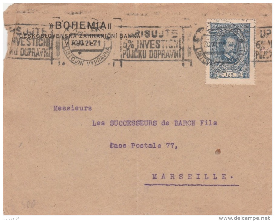 Tchécoslovaquie Sur Devant De Lettre Entête Bohemia Oblitération Cachet Flamme PRAHA 30//11/1921 Pour  Marseille - Briefe U. Dokumente