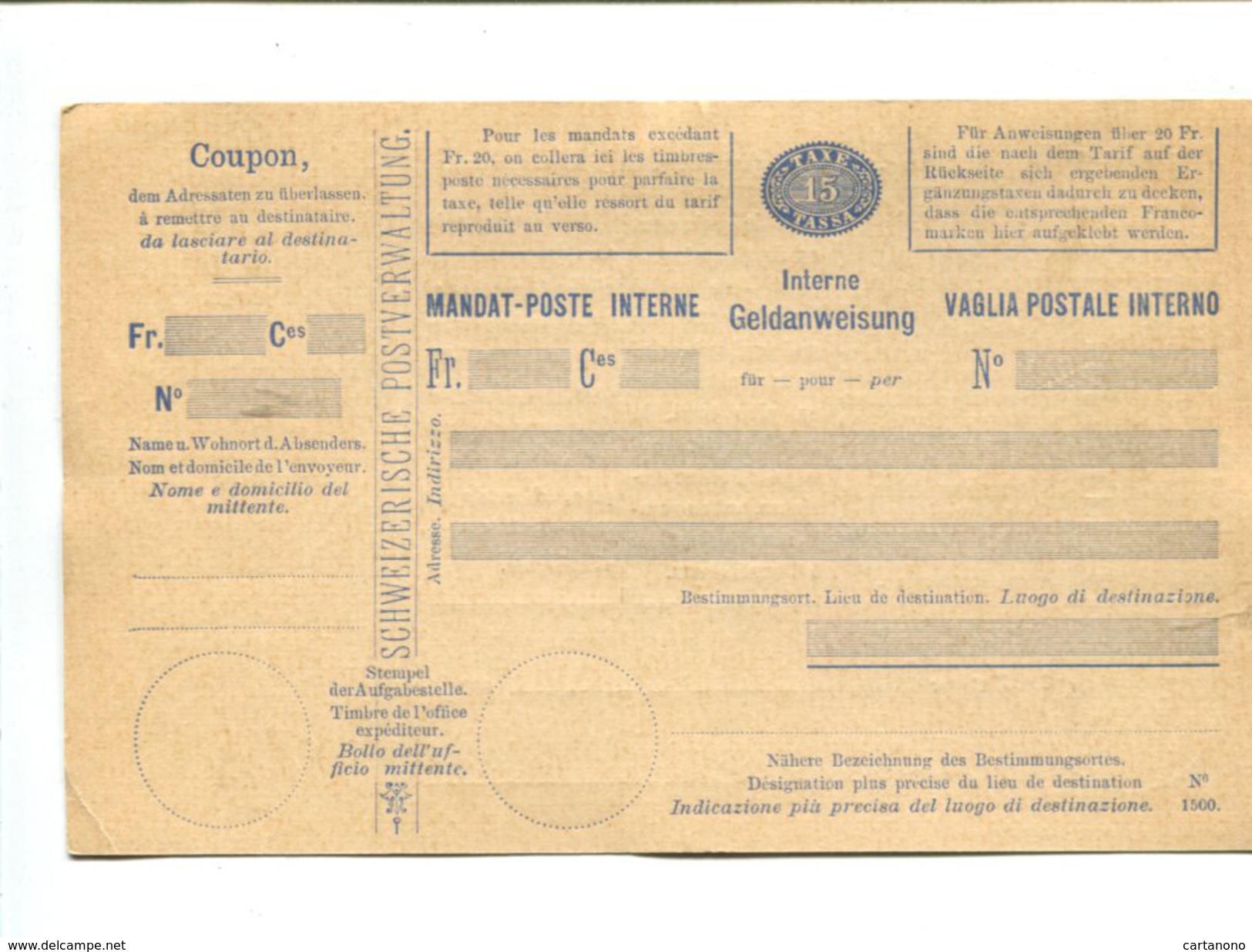 Entier Postal Mandat Poste Interne 15 Cts Bleu - Entiers Postaux