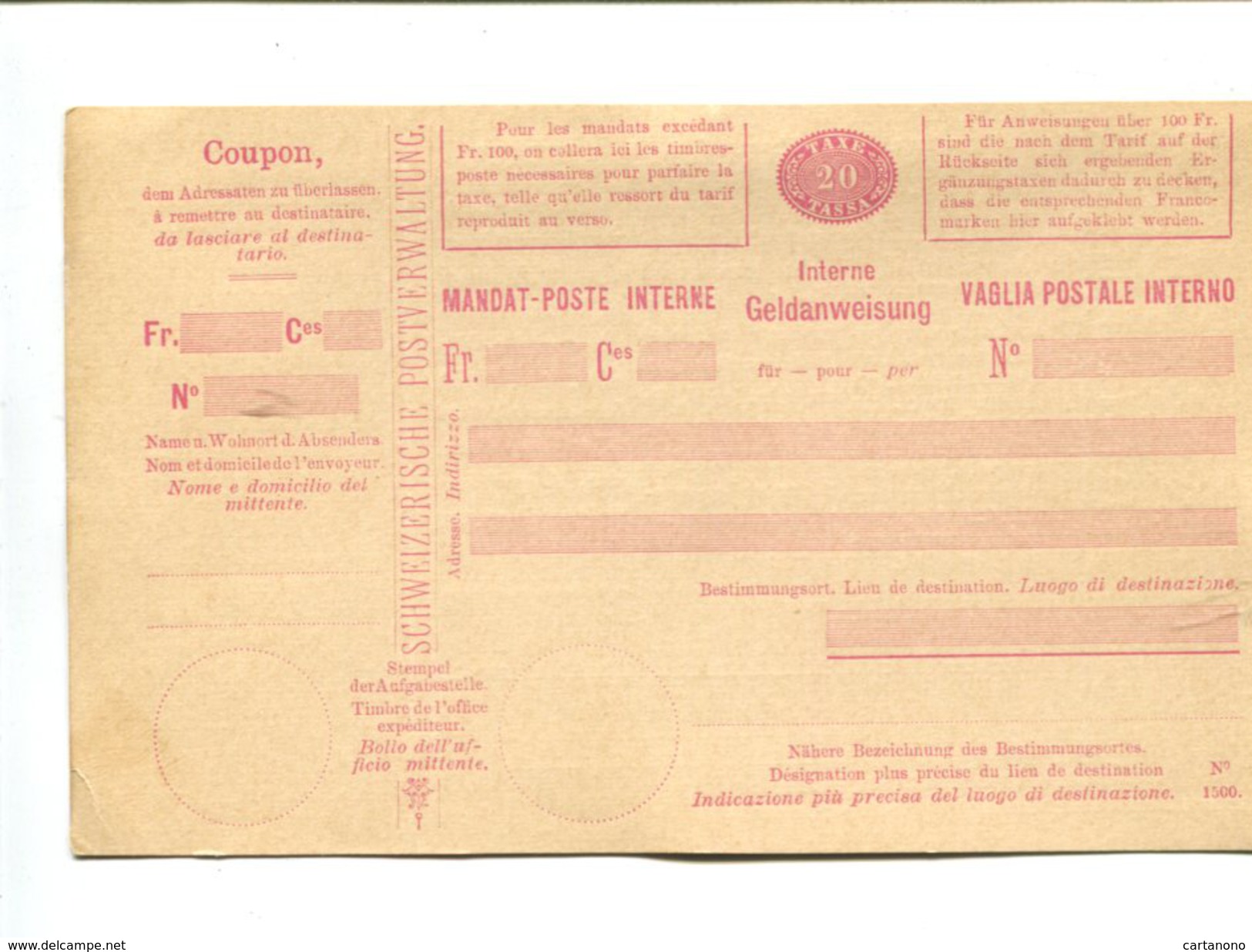 Entier Postal Mandat Poste Interne 20 Cts Rouge - Stamped Stationery