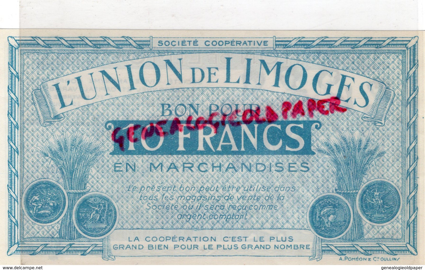 87 - LIMOGES - BON POUR 10 FRANCS L' UNION DE LIMOGES - COOP 14 RUE DE LA FONDERIE - Autres & Non Classés