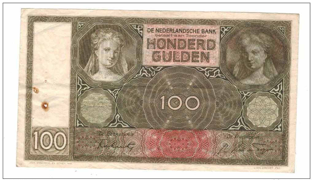 Lowered!!!! Netherlands , 100 Gulden 1942. Pin Holes, But Crisp VF! . Free Ship. To USA - 100 Gulden