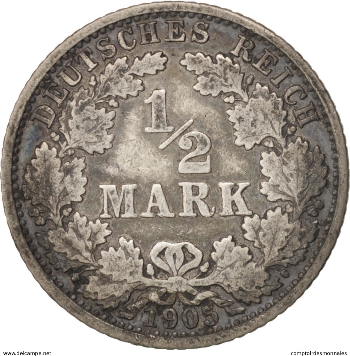 Monnaie, GERMANY - EMPIRE, 1/2 Mark, 1905, Hambourg, TB+, Argent, KM:17 - 1/2 Mark